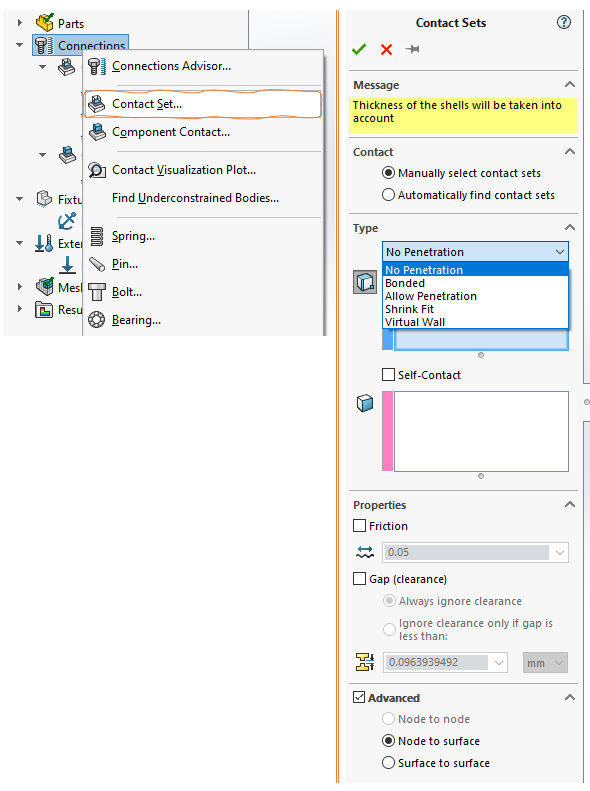 How to access local contact set [left]: Right Click on Connection on the simulation tree, available contact types for local contacts [right]: No penetration, Bonded, Allow Penetration, Shrink Fit, Virtual Wall