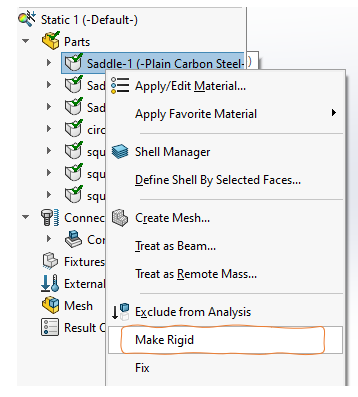 right click on part in the assembly tree and select "make rigid"