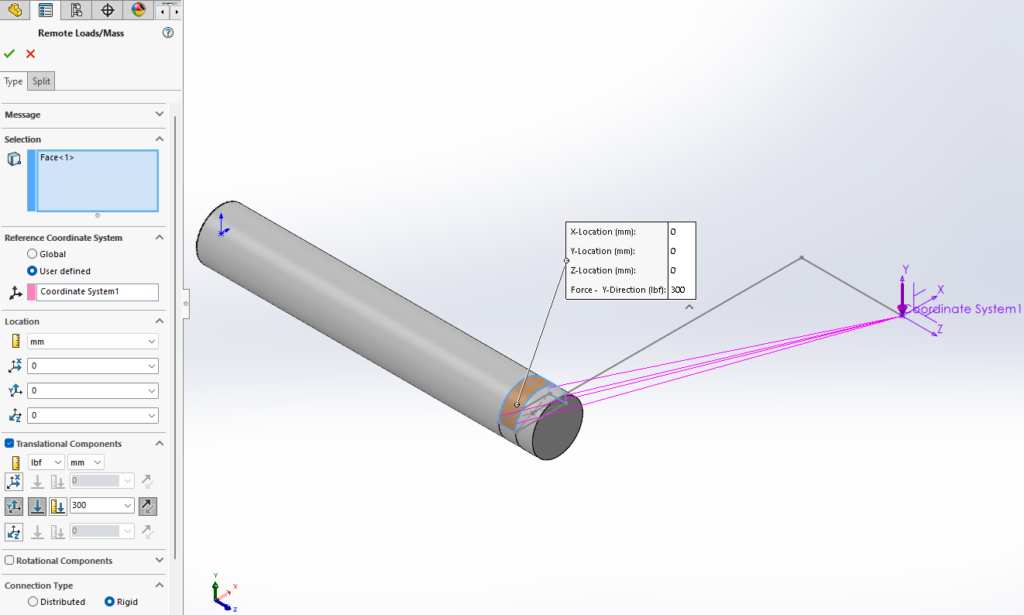 filled in sections for remote load; user coordinate, (0,0,0) location for load, 300lbf force