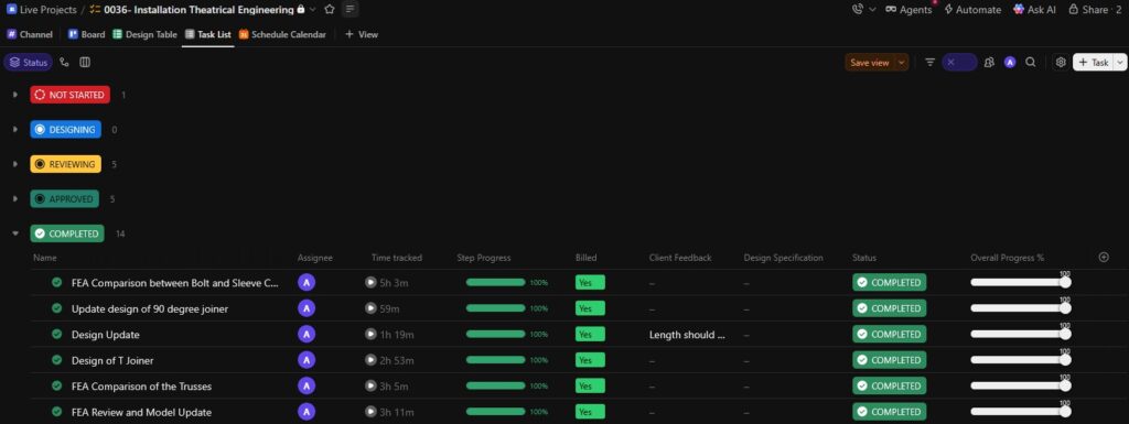 Project management dashboard showing structured task tracking and milestone visibility during theatre lighting truss engineering development.