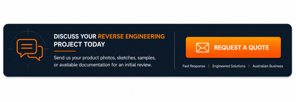 Call to action banner inviting businesses to discuss reverse engineering projects and request a quote for CAD modelling, manufacturing drawings, and engineering documentation