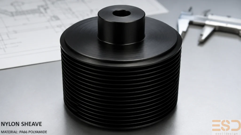 Reverse engineered PA66 nylon sheave with 3D CAD modelling and manufacturing documentation by ESD