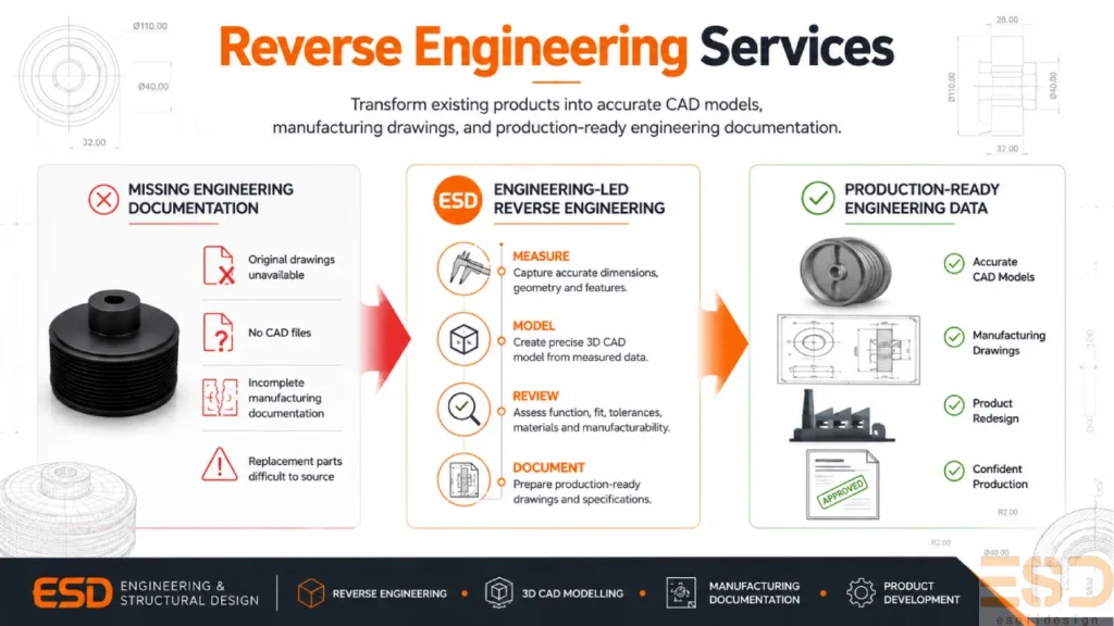 Reverse engineering services infographic showing the process from existing product to CAD modelling, manufacturing drawings, and production-ready engineering documentation