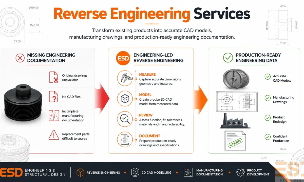 Reverse engineering services infographic showing the process from existing product to CAD modelling, manufacturing drawings, and production-ready engineering documentation