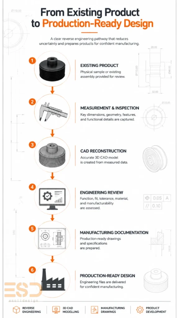 Reverse engineering process infographic showing the transformation of an existing product into a 3D CAD model, manufacturing documentation, and production-ready engineering design