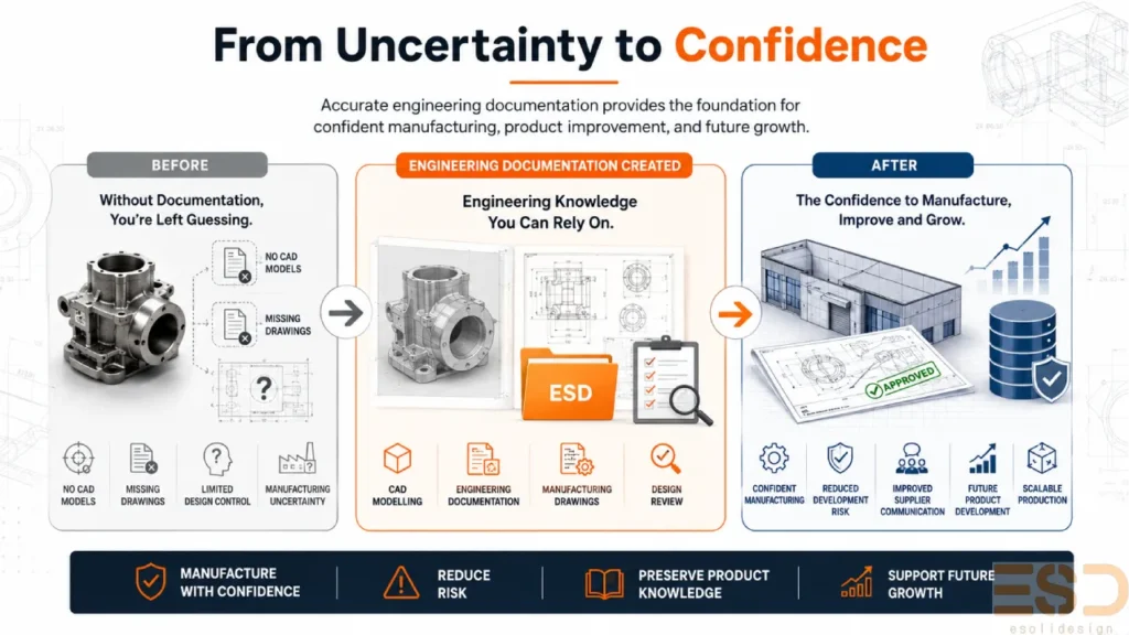 Reverse engineering services infographic showing how CAD models, manufacturing drawings, and engineering documentation transform manufacturing uncertainty into confident production and product development